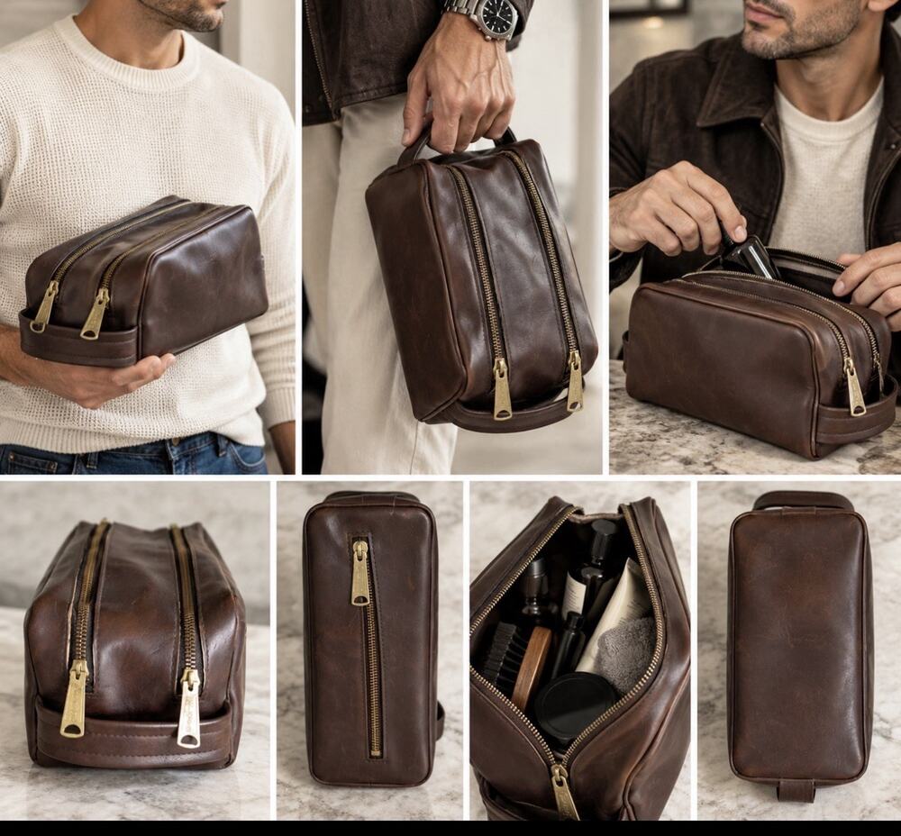 VTG Griffon Dopp Kit Brown Leather Supreme Zipper 3 Pocket Toiletry Bag Travel